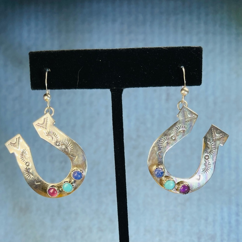 Sterling Horseshoe Earrings with Stones and Stampwork. Hallmarked.  Ships FREE
